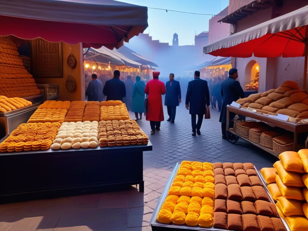  A photorealistic image of a vibrant marketplace in Marrakech, Morocco, showcasing an array of colorful traditional African desserts like baklava, malva pudding, and beignets. The scene is bustling with locals in traditional attire buying and selling sweet treats under the warm glow of the setting sun, with intricate patterns and textures of the desserts highlighted in exquisite detail. The background features iconic Moroccan architecture and bustling streets, adding to the cultural richness of the image. hyperrealistic, full body, detailed clothing, highly detailed, cinematic lighting, stunningly beautiful, intricate, sharp focus, f/1. 8, 85mm, (centered image composition), (professionally color graded), ((bright soft diffused light)), volumetric fog, trending on instagram, trending on tumblr, HDR 4K, 8K