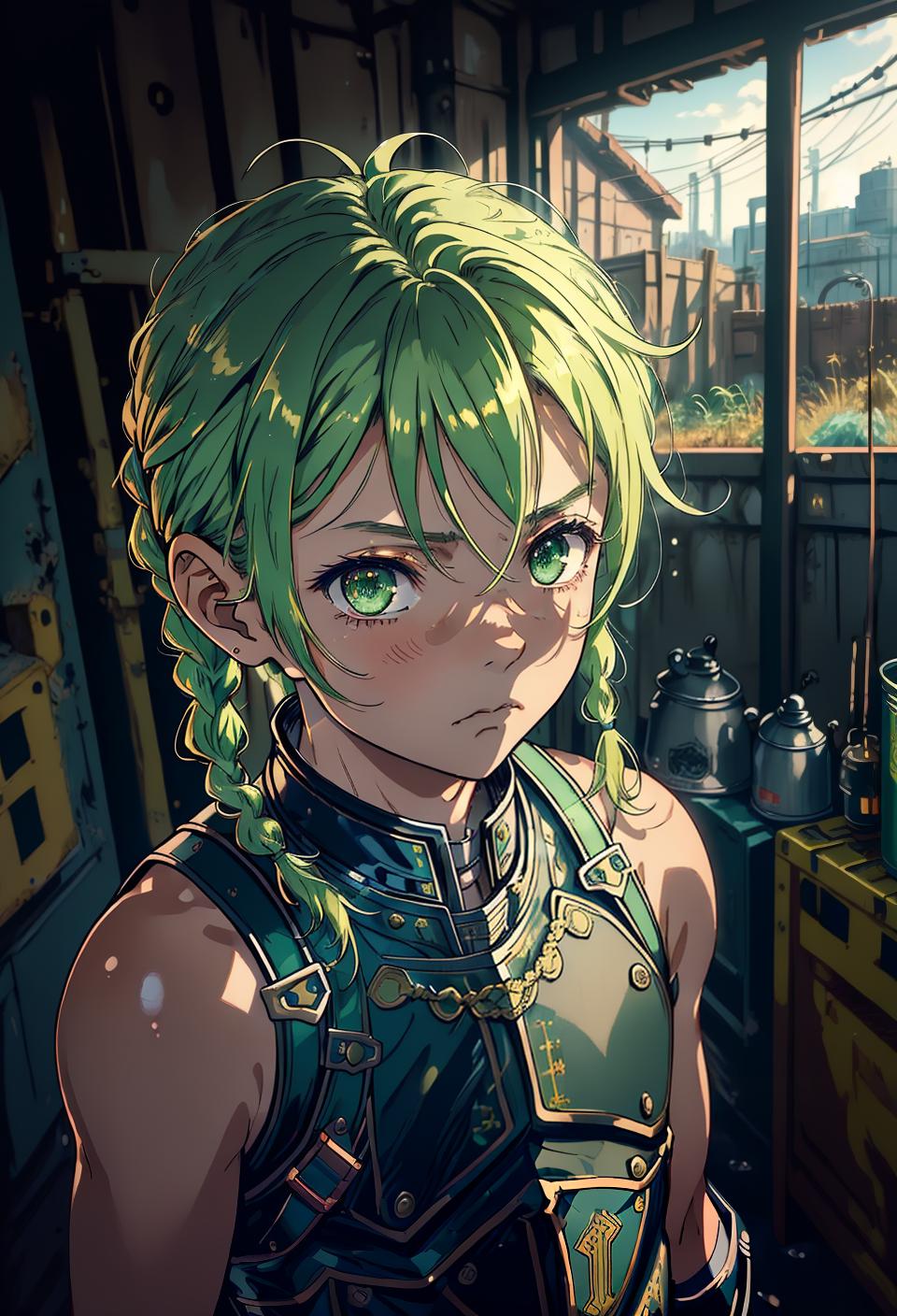 ((trending, highres, masterpiece, cinematic shot)), 1boy, chibi, male knight, rusty factory scene, short straight green hair, hair in braids, large amber eyes, dumb, airheaded personality, worried expression, tanned skin, magical, observant