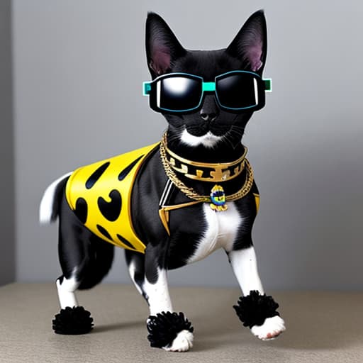  Un Dog y un Cat con lentes negro y cadenas de oro manejado un carro de jugué de niño tamaño mediano