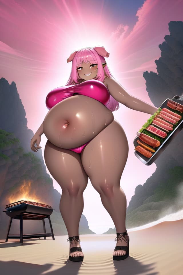  extremely obese girl、pink colored hair、((bright deep pink colored drooping pig's ears:1.4、ultra detailed plump & fat face sweaty smile:1.4、ultra detailed shiny dark skin girl:1.4))、(((on the beach:1.4、barbecue:1.4)))、(、eating a lot of barbecue)、dutch angle、best quality:1.4、masterpiece:1.4、ultra detailed texture、RAW photorealistic、absurd resolution、8K illustration、💩、💩、💩、💩、💩 hyperrealistic, full body, detailed clothing, highly detailed, cinematic lighting, stunningly beautiful, intricate, sharp focus, f/1. 8, 85mm, (centered image composition), (professionally color graded), ((bright soft diffused light)), volumetric fog, trending on instagram, trending on tumblr, HDR 4K, 8K