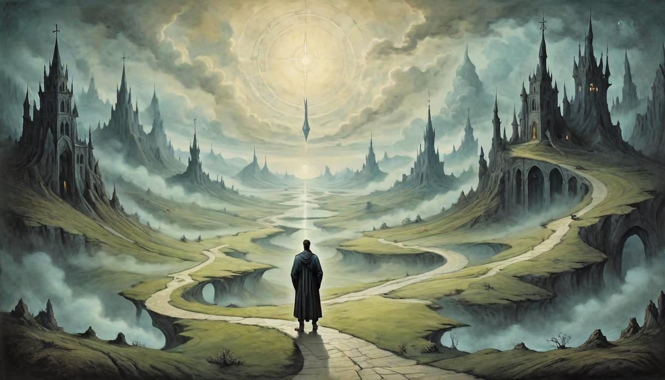  on parchment, surrealism+++, Crossroads in an ethereal landscape, paths radiating light and darkness, a lone figure at the center contemplating the divergent paths, moment of decision(mysterious, provocative, symbolic,muted color)+++