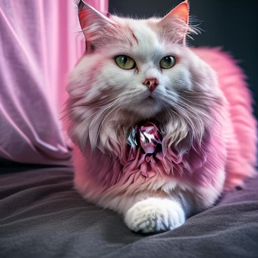  pink cat hyperrealistic, full body, detailed clothing, highly detailed, cinematic lighting, stunningly beautiful, intricate, sharp focus, f/1. 8, 85mm, (centered image composition), (professionally color graded), ((bright soft diffused light)), volumetric fog, trending on instagram, trending on tumblr, HDR 4K, 8K