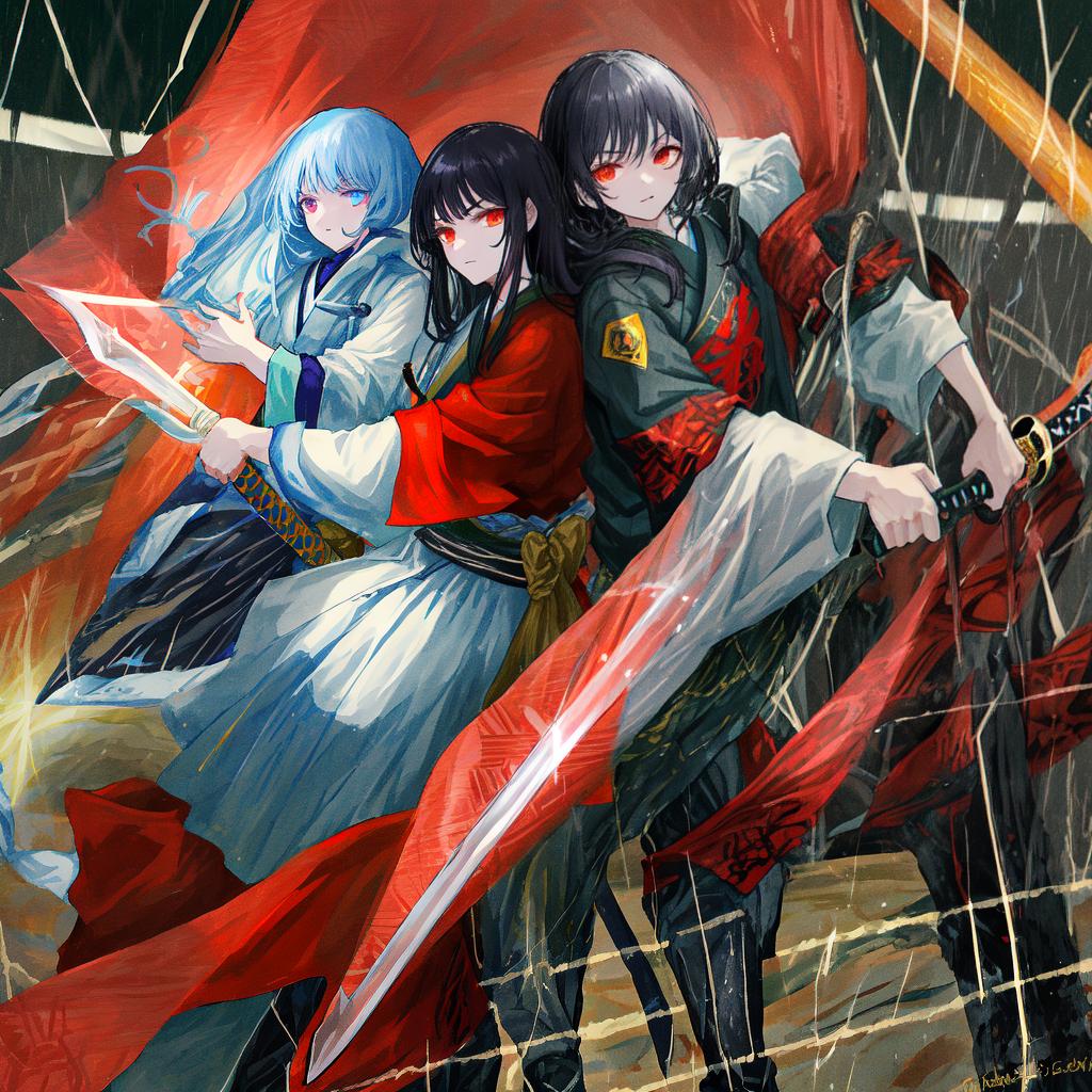  Masterpiece, best quality, long black hair, female warrior with cold eyes, Japanese style clothes, equipped with a katana, standing in the rain, God lost in the sword, the sword has evil spirits wrapped around it, corpses are everywhere behind it, the woman's eyes show a blue glow in the night