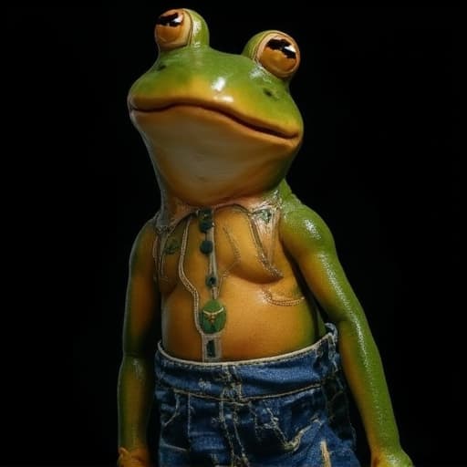  (a frog wearing blue jean), full body, ghibli style, anime, vibrant colors, hdr, enhance, ((plain black background)), masterpiece, highly detailed, 4k, hq, separate colors, bright colors