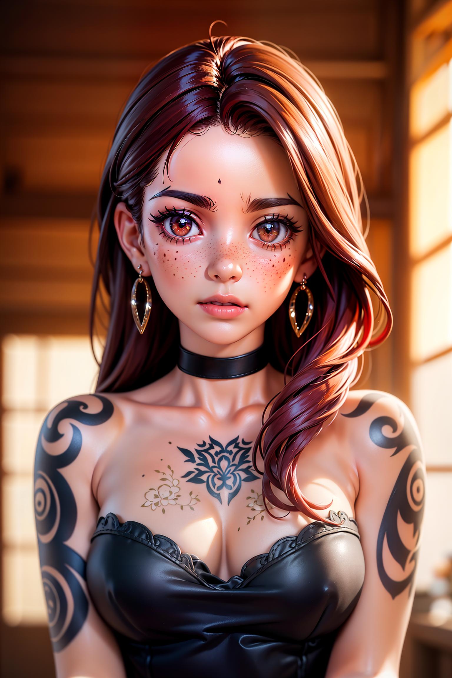  woman, old,backlighting,black choker,blurry background,blush,closed mouth,collarbone,earrings,forehead,freckles,hair over shoulder,jewelry,long hair,looking down,pointy nose,lips glossy,shadow,solo, eyebrows, eyelashes,upper body,red hair,ids,tattoos,tattoos on arms,black rose tattoos on neck,sun beams,warm light,cozy, (Masterpiece), (best quality), (intricate details, hyperdetailed:1.15), (detailed face), (realistic), (epic realistic), ((neutral colors)), (disney pixar style)