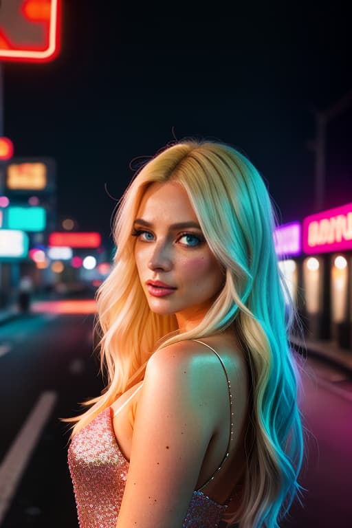  Street art, neon lights, sign boards, nightlife, empty roads, cinematic mood, cinematic lights, shallow depth of field, girl in glitter dress, blond girl with Hollywood weaves hairstyle,close up portrait,clear face features, 200 mm, head shot hyperrealistic, full body, detailed clothing, highly detailed, cinematic lighting, stunningly beautiful, intricate, sharp focus, f/1. 8, 85mm, (centered image composition), (professionally color graded), ((bright soft diffused light)), volumetric fog, trending on instagram, trending on tumblr, HDR 4K, 8K