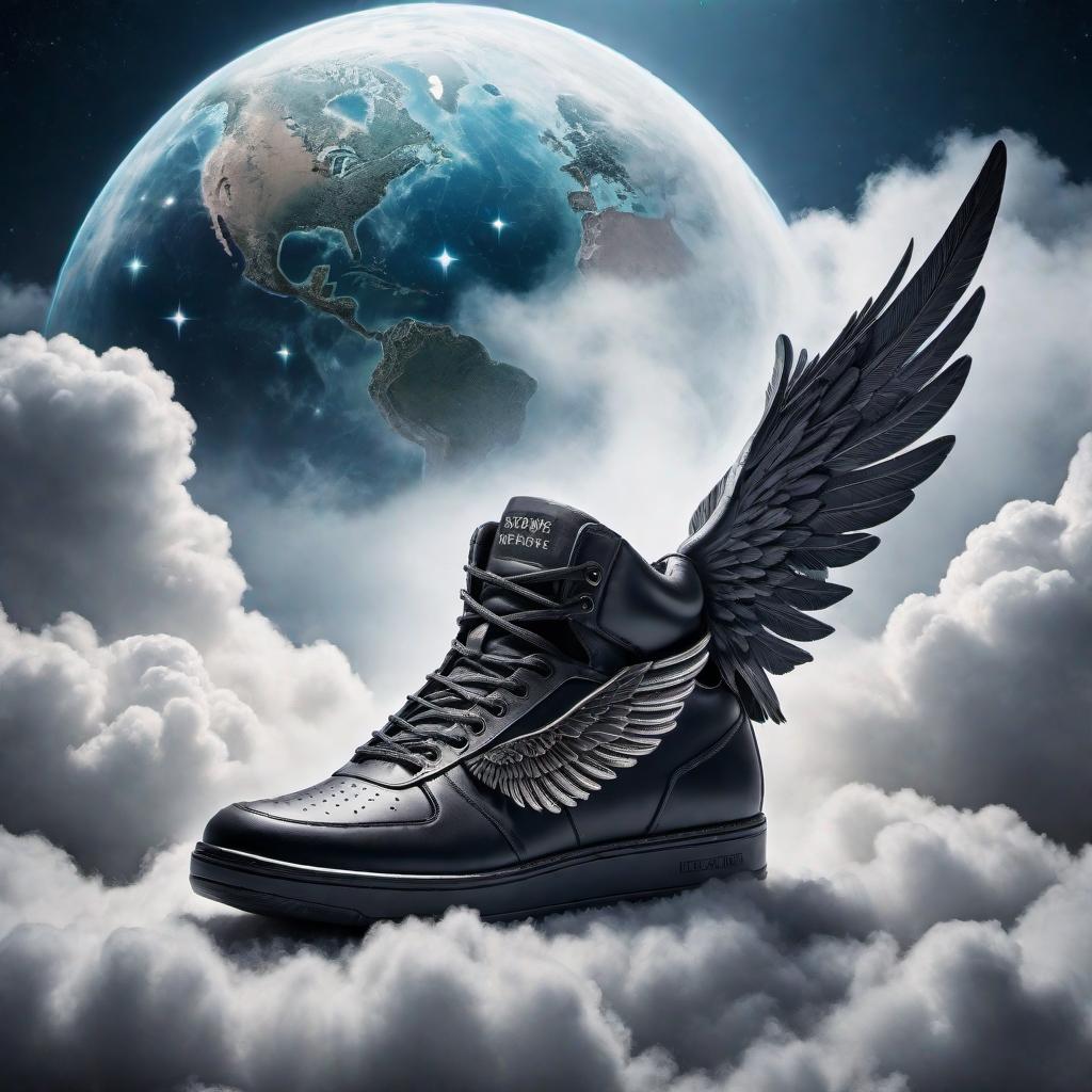  An image of the number 1 depicted as shoes with wings, flying over dark shadows or clouds representing negativity. Encircle the flying shoes with positive elements such as a glowing aura, bright stars, a globe symbolizing world change, and light bulbs symbolizing ideas. Focus on a bright, hopeful horizon in the background, with the negativity clearly left behind. hyperrealistic, full body, detailed clothing, highly detailed, cinematic lighting, stunningly beautiful, intricate, sharp focus, f/1. 8, 85mm, (centered image composition), (professionally color graded), ((bright soft diffused light)), volumetric fog, trending on instagram, trending on tumblr, HDR 4K, 8K