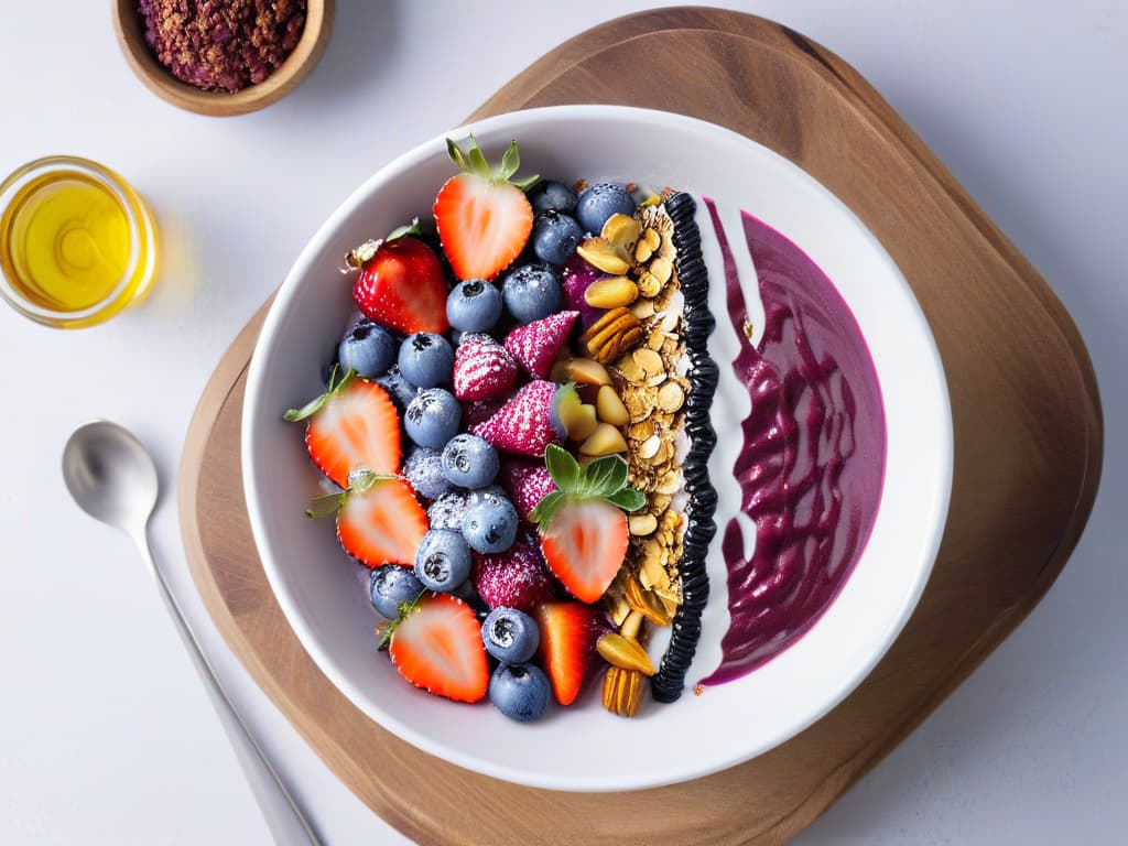  An ultradetailed image of a decadent açaí bowl topped with vibrant purple açaí berries, granola, fresh strawberries, coconut flakes, and a drizzle of honey, all set against a sleek, modern white marble background. The bowl is elegantly presented with a silver spoon beside it, showcasing the rich textures and colors of the superfood dessert in exquisite detail. The lighting is soft, creating a luxurious ambiance that highlights the freshness and natural beauty of the ingredients, making it a visually captivating and enticing image for the article. hyperrealistic, full body, detailed clothing, highly detailed, cinematic lighting, stunningly beautiful, intricate, sharp focus, f/1. 8, 85mm, (centered image composition), (professionally color graded), ((bright soft diffused light)), volumetric fog, trending on instagram, trending on tumblr, HDR 4K, 8K