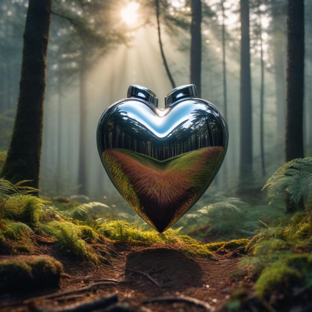  a heart made of metal, chrome plated on a forest background hyperrealistic, full body, detailed clothing, highly detailed, cinematic lighting, stunningly beautiful, intricate, sharp focus, f/1. 8, 85mm, (centered image composition), (professionally color graded), ((bright soft diffused light)), volumetric fog, trending on instagram, trending on tumblr, HDR 4K, 8K