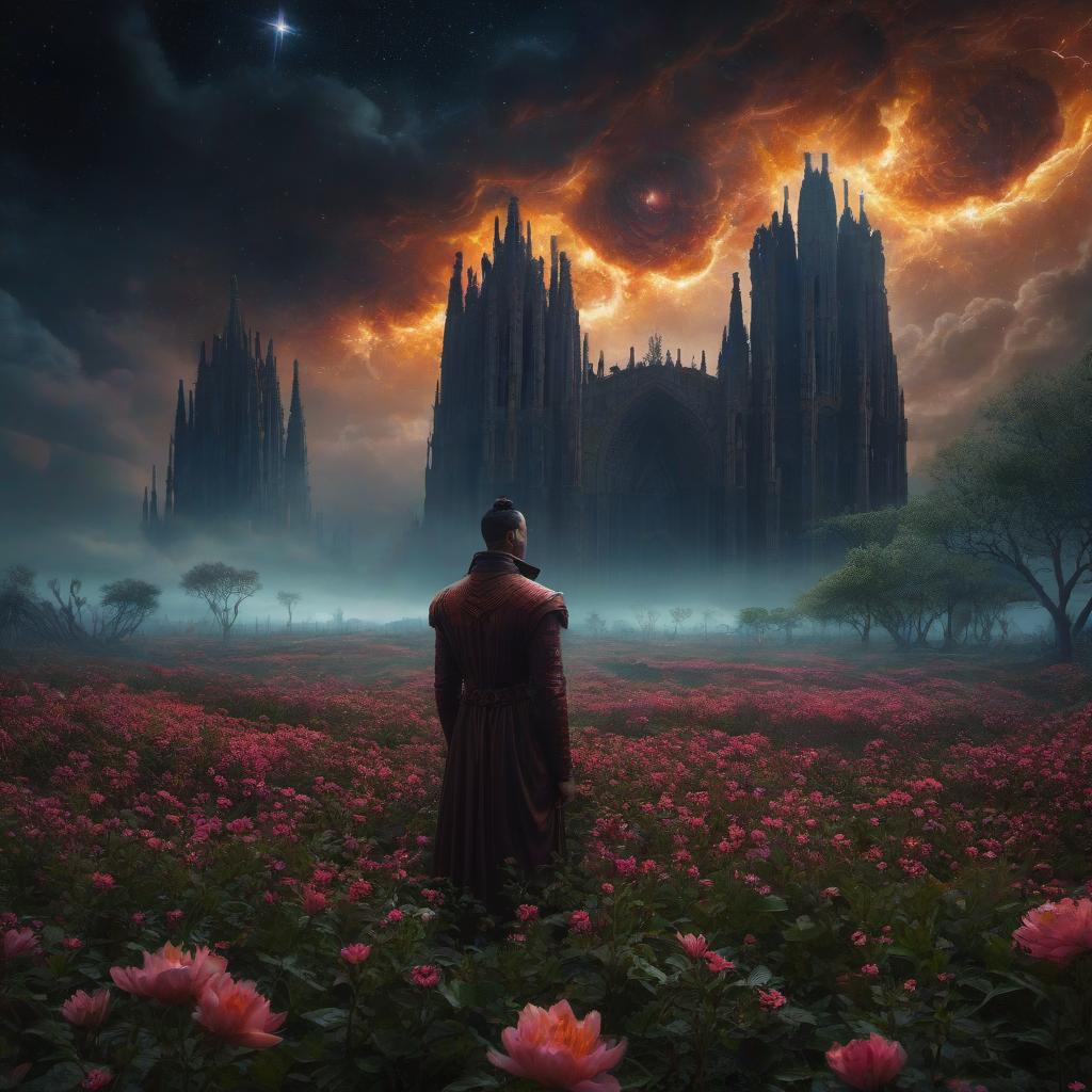  (stylized by Tomasz Alen Kopera:1.3) , dark art, dense flower field and Perseid meteor in background, landscape of a (Barcelona:1.2) , very Bizarre and 1600'S, Hurricane, Glitchcore, Amaro, layered textures, ornate, intricate artistic color, complimentary colors, very inspirational, atmosphere, fine artistic composition, sunny, theatrical hyperrealistic, full body, detailed clothing, highly detailed, cinematic lighting, stunningly beautiful, intricate, sharp focus, f/1. 8, 85mm, (centered image composition), (professionally color graded), ((bright soft diffused light)), volumetric fog, trending on instagram, trending on tumblr, HDR 4K, 8K