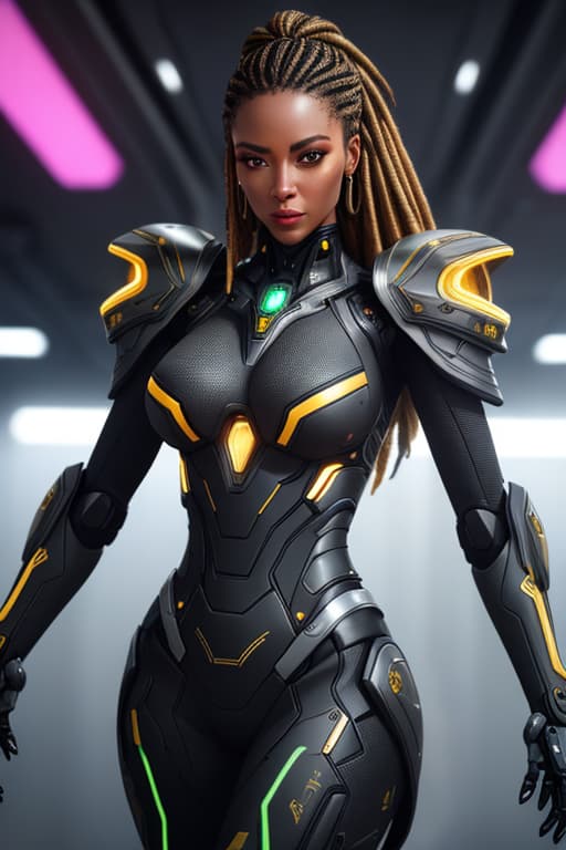  cgmech, beautiful eyes, upper body,, portrait, robot, armor, black zulu women, african, neon light, 8K, RAW, best quality, masterpiece, ultra high res, colorful, (medium wide shot), (dynamic perspective), sharp focus , (depth of field, bokeh:1.3), extremely detailed eyes and face, beautiful detailed eyes,(black gold, trimmed gear:1.2),(In a futuristic weapons factory:1.2), ((masterpiece, best quality)), <lora:more details:0.3> Detailed background, spaceship interior <lora:Niji:0.5> , dreadlocks hair, hyperrealistic, full body, detailed clothing, highly detailed, cinematic lighting, stunningly beautiful, intricate, sharp focus, f/1. 8, 85mm, (centered image composition), (professionally color graded), ((bright soft diffused light)), volumetric fog, trending on instagram, trending on tumblr, HDR 4K, 8K