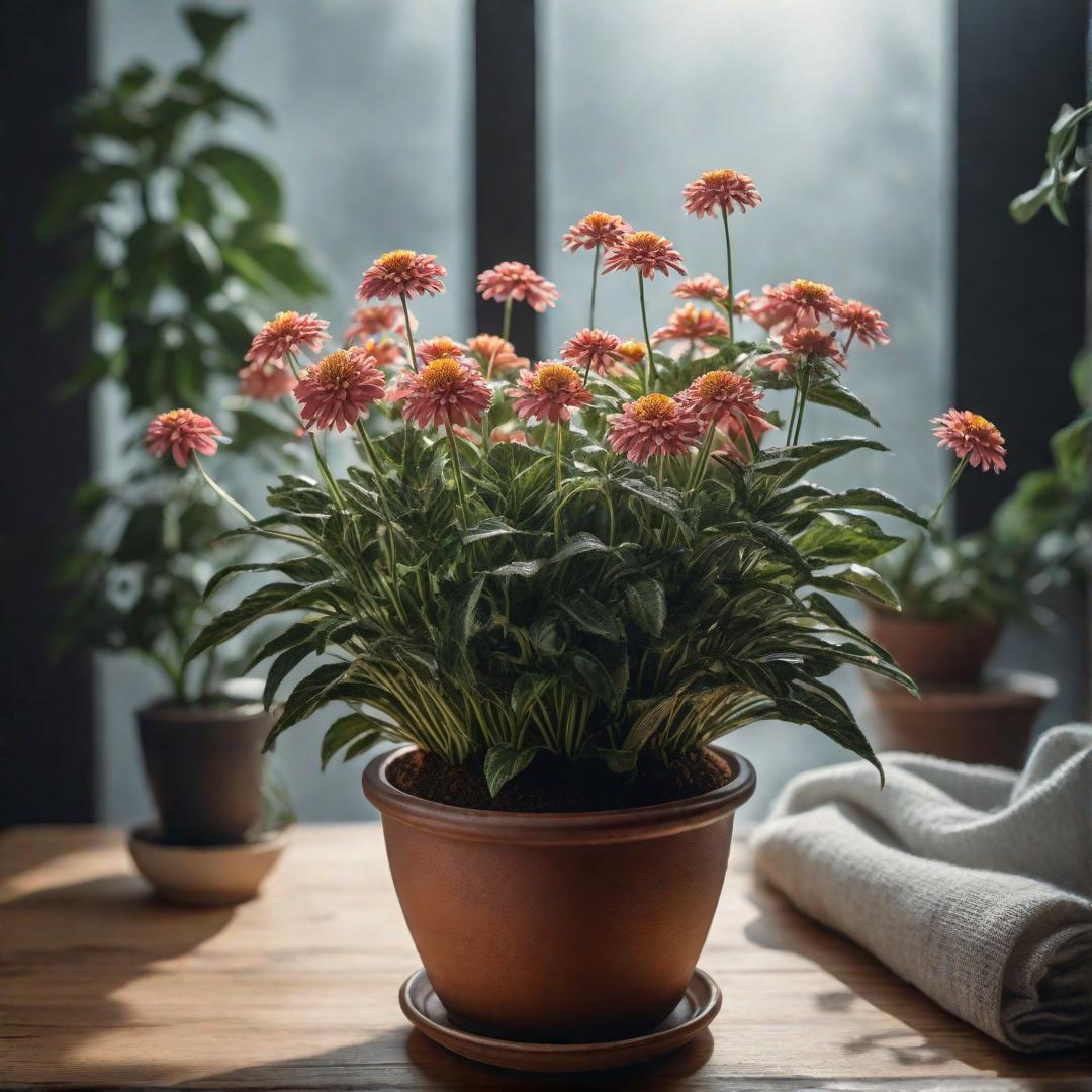  flower in a pot on a table hyperrealistic, full body, detailed clothing, highly detailed, cinematic lighting, stunningly beautiful, intricate, sharp focus, f/1. 8, 85mm, (centered image composition), (professionally color graded), ((bright soft diffused light)), volumetric fog, trending on instagram, trending on tumblr, HDR 4K, 8K