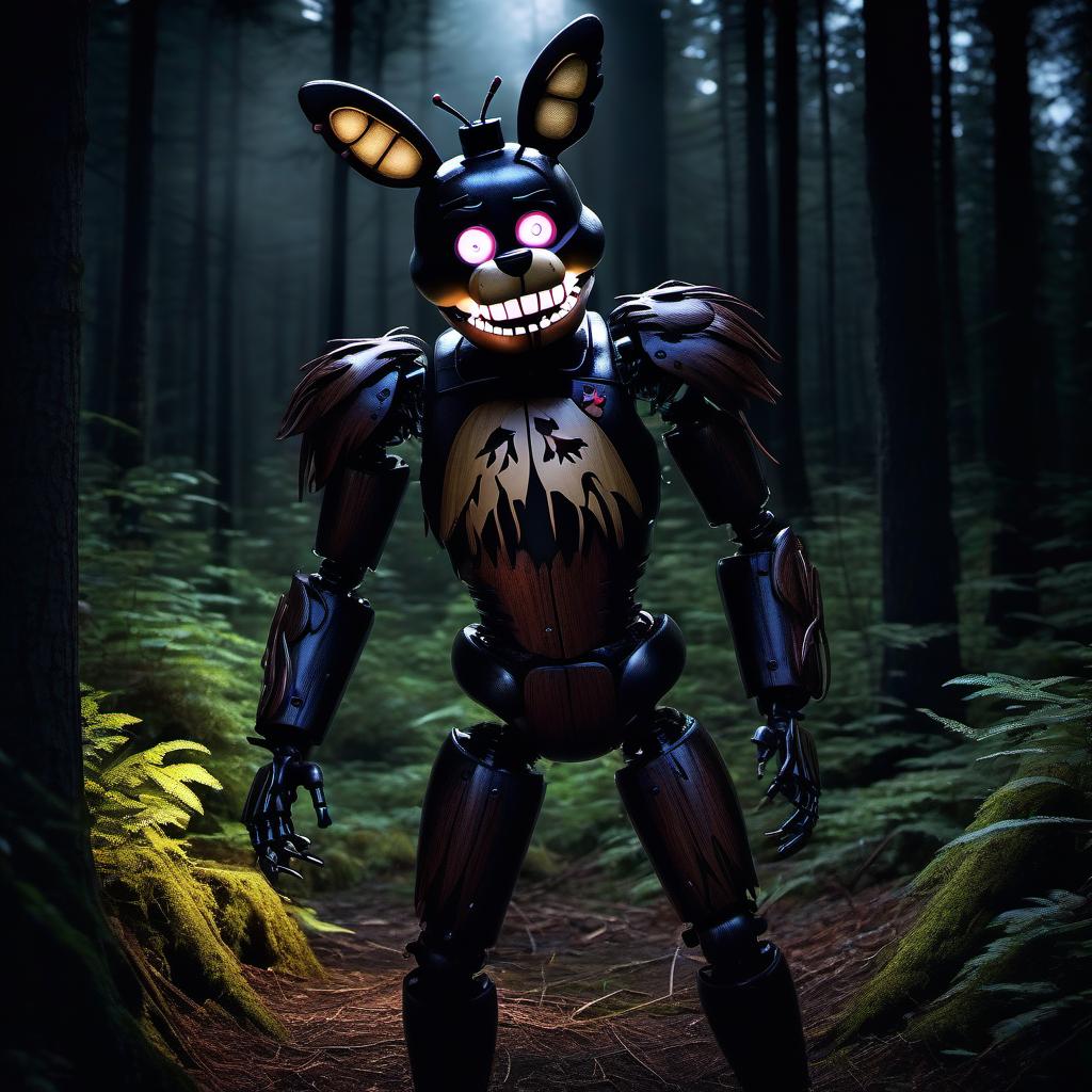  HDR photo of The animatronic from Five Nights At Freddy's runs after a person, Freddy and the person, with lifeless eyes and a wooden body with one black butterfly, glowing eyes on Freddy, forest, too dark surroundings. У KaizoGraphics есть экстремальный уровень сложности. Аниматроник пытается врываться внутрь. Самоeous обладает светящимися глазами. Фредди пытается вступить в ссору с мужчиной. У Фредди и Самоeous есть полностью черные бабочки на теле. Слух! Мужчина слышит шепот. Он перестаёт дышать. УFB чинится, эт hyperrealistic, full body, detailed clothing, highly detailed, cinematic lighting, stunningly beautiful, intricate, sharp focus, f/1. 8, 85mm, (centered image composition), (professionally color graded), ((bright soft diffused light)), volumetric fog, trending on instagram, trending on tumblr, HDR 4K, 8K