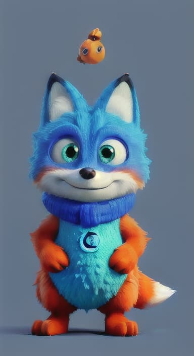  {Error the fox pressing the blue button with his paw, looking puzzled as nothing occurs., Error is a small, bright orange fox with a fluffy tail and big, inquisitive eyes. He has a mischievous yet kind expression and wears a tiny green scarf.