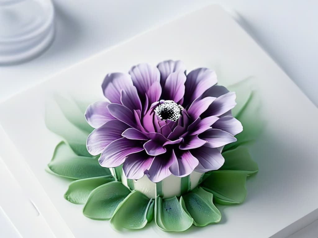  A highresolution closeup image of a delicate, intricate sugar sculpture resembling a blooming flower, set against a stark white background. The sculpture is flawlessly crafted, showcasing the artistry and precision involved in molecular gastronomy in modern pastrymaking. The intricate details of the sugar flower are highlighted, capturing the essence of innovation and sophistication in culinary arts. hyperrealistic, full body, detailed clothing, highly detailed, cinematic lighting, stunningly beautiful, intricate, sharp focus, f/1. 8, 85mm, (centered image composition), (professionally color graded), ((bright soft diffused light)), volumetric fog, trending on instagram, trending on tumblr, HDR 4K, 8K