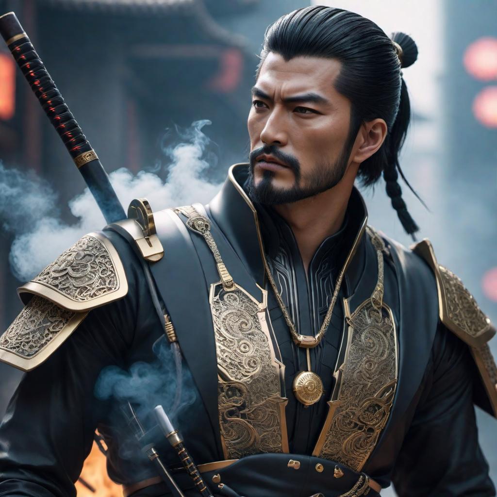  An anime version of a smoking samurai with a futuristic twist, featuring cyberpunk elements and a dynamic pose. hyperrealistic, full body, detailed clothing, highly detailed, cinematic lighting, stunningly beautiful, intricate, sharp focus, f/1. 8, 85mm, (centered image composition), (professionally color graded), ((bright soft diffused light)), volumetric fog, trending on instagram, trending on tumblr, HDR 4K, 8K