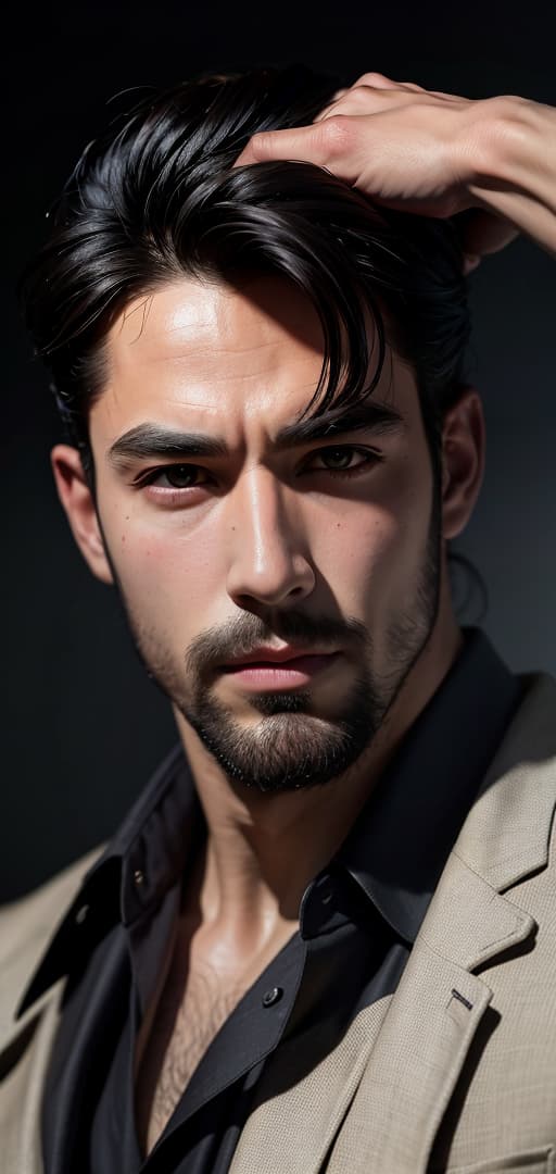  Best quality, masterpiece, ultra high res, (photorealistic:1.4), raw photo, (detail face:1.3), (realistic skin), deep shadow, dramatic lighting, stylish, masculine, muscular, black hair, cool, handsome, rugged, fashionable, trendy, confident, fit, suave, dapper, athletic, strong, charismatic, well-groomed, edgy, sharp, sophisticated, deep shadow, dramatic lighting, portrait, portrait size, unedited, symmetrical balance