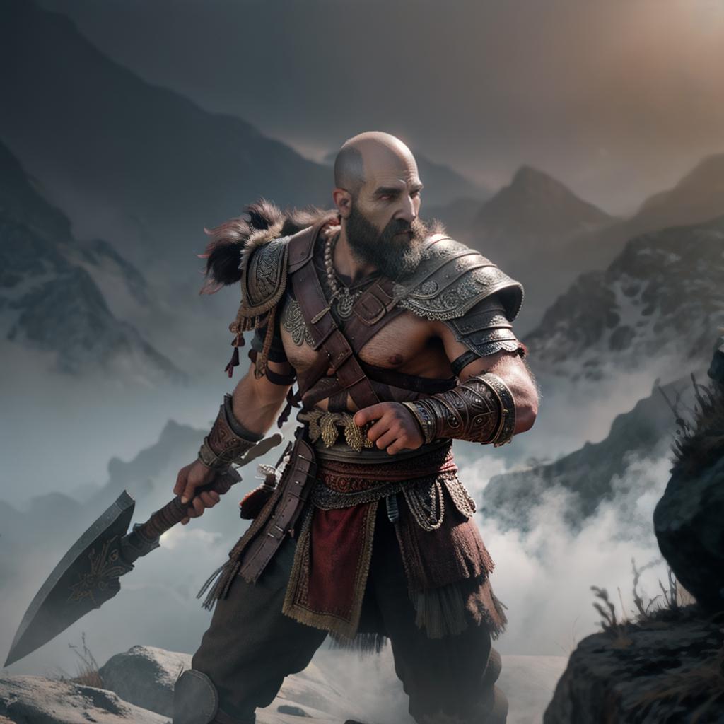  God of war hyperrealistic, full body, detailed clothing, highly detailed, cinematic lighting, stunningly beautiful, intricate, sharp focus, f/1. 8, 85mm, (centered image composition), (professionally color graded), ((bright soft diffused light)), volumetric fog, trending on instagram, trending on tumblr, HDR 4K, 8K