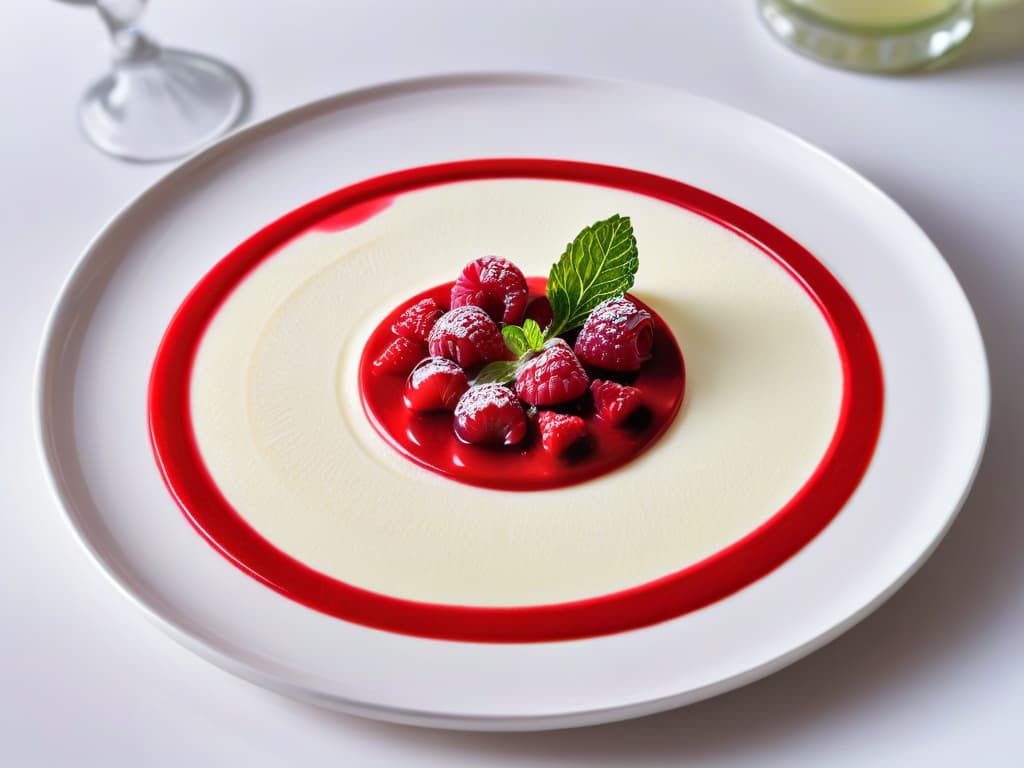  An ultradetailed image of a perfectly set panna cotta dessert, garnished with vibrant raspberry coulis swirls and delicate mint leaves, all beautifully presented on a sleek, modern white plate. The creamy texture of the panna cotta contrasts elegantly with the glossy, colorful coulis, creating a visually striking and appetizing minimalistic composition that embodies the essence of gelificación en repostería. hyperrealistic, full body, detailed clothing, highly detailed, cinematic lighting, stunningly beautiful, intricate, sharp focus, f/1. 8, 85mm, (centered image composition), (professionally color graded), ((bright soft diffused light)), volumetric fog, trending on instagram, trending on tumblr, HDR 4K, 8K