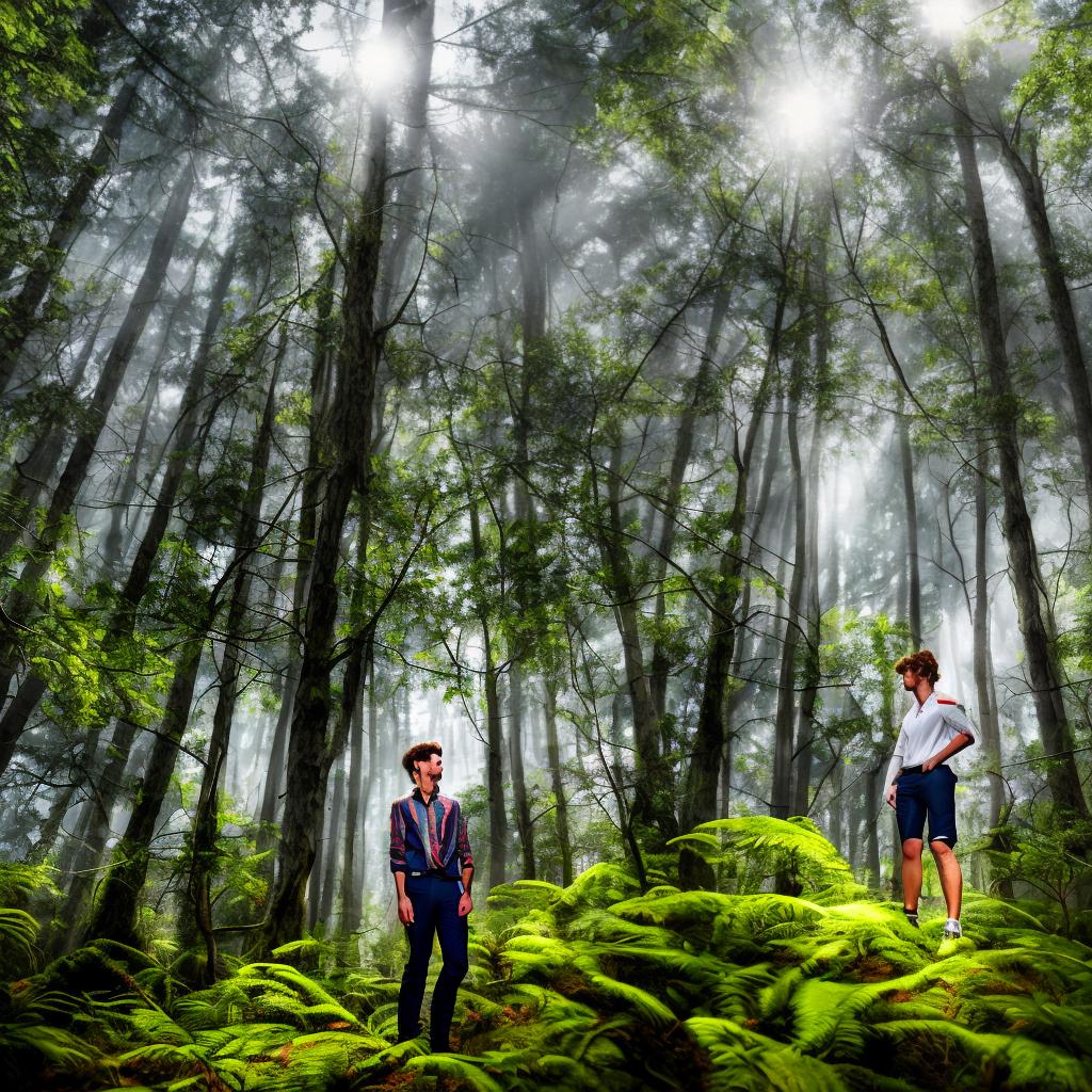 portrait+ style A young boy is found in a forest in front of an evil wizard hyperrealistic, full body, detailed clothing, highly detailed, cinematic lighting, stunningly beautiful, intricate, sharp focus, f/1. 8, 85mm, (centered image composition), (professionally color graded), ((bright soft diffused light)), volumetric fog, trending on instagram, trending on tumblr, HDR 4K, 8K