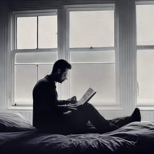 dublex style hd, b&w, drawing, sitting and reading man inside a cozy hotelroom background, wearing glasses, nature inside the man