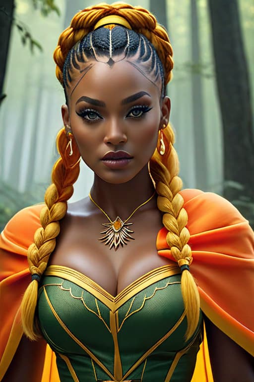  best quality, masterpiece, highres, photorealistic, high quality, volumetric lighting, candid, Photograph, high resolution, nightime, a black women with skin details, fiery braids hair, light Aureolin eyes, whymsical, fantasy, harmonious, determined, foggy old forest, dress like a super heros, beautiful with eyes liner realistic hyperrealistic, full body, detailed clothing, highly detailed, cinematic lighting, stunningly beautiful, intricate, sharp focus, f/1. 8, 85mm, (centered image composition), (professionally color graded), ((bright soft diffused light)), volumetric fog, trending on instagram, trending on tumblr, HDR 4K, 8K