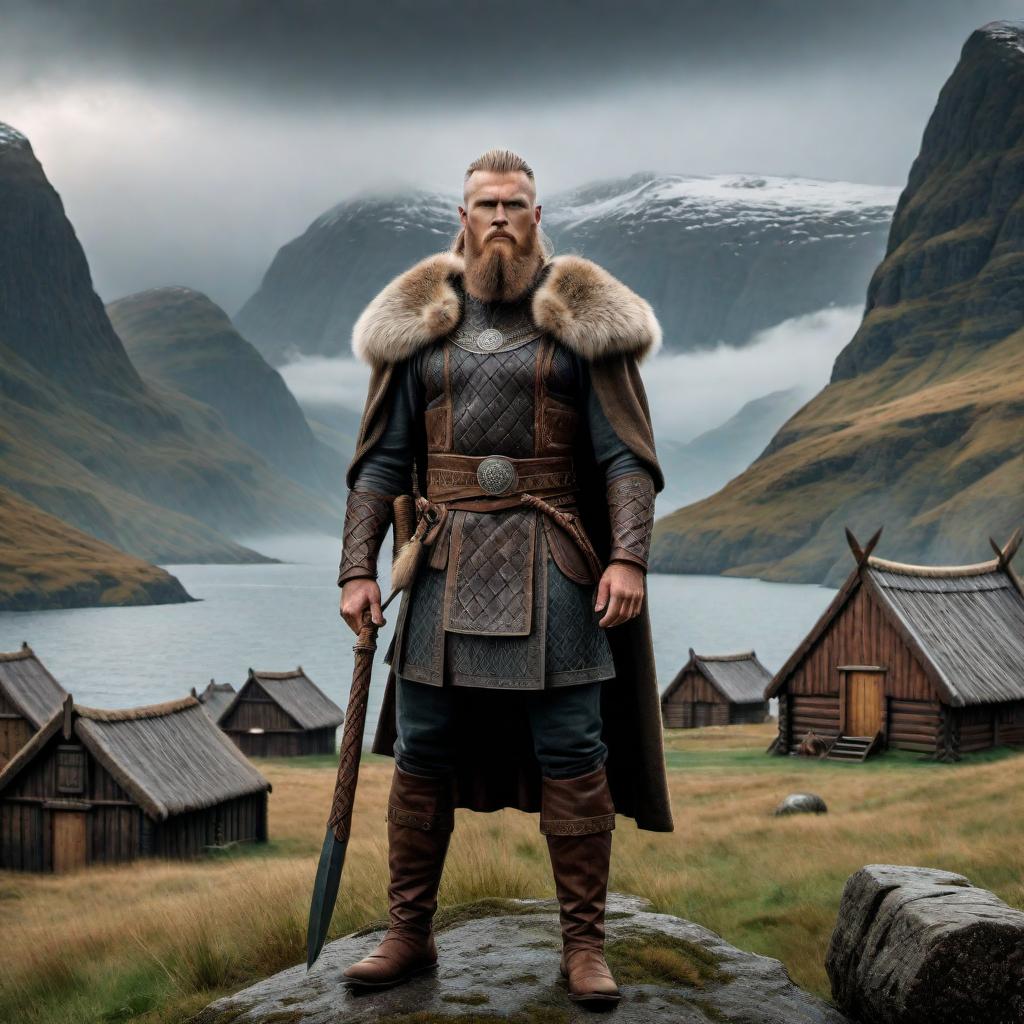  A person in another universe of Vikings. Imagine them wearing traditional Viking attire, including a fur-lined cloak, leather armor, and carrying a wooden shield and an axe. The background features a rugged Nordic landscape with fjords, wooden longhouses, and stormy skies. The person has a determined and adventurous expression, with braided hair and perhaps some war paint on their face. hyperrealistic, full body, detailed clothing, highly detailed, cinematic lighting, stunningly beautiful, intricate, sharp focus, f/1. 8, 85mm, (centered image composition), (professionally color graded), ((bright soft diffused light)), volumetric fog, trending on instagram, trending on tumblr, HDR 4K, 8K