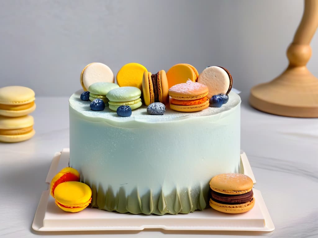  An intricately decorated threetiered cake showcasing a fusion of international pastry trends, featuring delicate French macarons, Japanese mochi, Italian cannoli, and colorful Mexican conchas, all elegantly arranged on a white marble platter against a soft, blurred background accentuating the vibrant colors and textures of the diverse pastries. hyperrealistic, full body, detailed clothing, highly detailed, cinematic lighting, stunningly beautiful, intricate, sharp focus, f/1. 8, 85mm, (centered image composition), (professionally color graded), ((bright soft diffused light)), volumetric fog, trending on instagram, trending on tumblr, HDR 4K, 8K