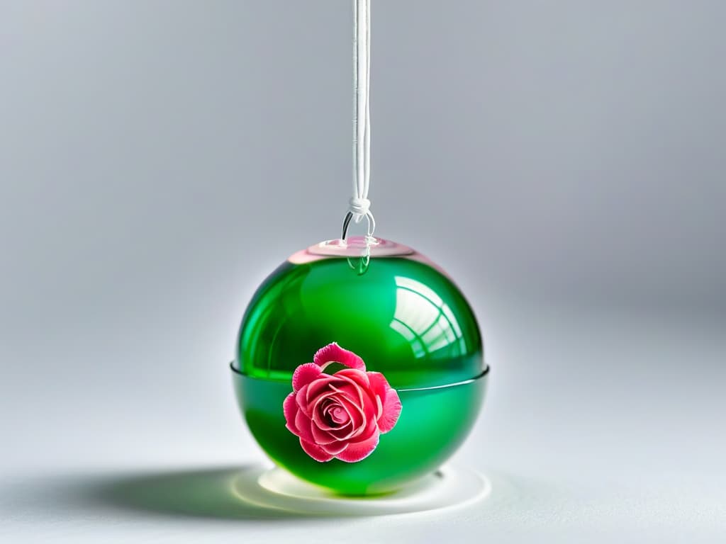  A visually striking, minimalistic image of a perfectly spherical, transparent sugar orb encapsulating a delicate rose petal suspended in midair. The orb is reflecting vibrant hues of pink and green light, creating a mesmerizing play of colors and textures. The background is blurred, emphasizing the intricate details of the molecular gastronomy dessert. hyperrealistic, full body, detailed clothing, highly detailed, cinematic lighting, stunningly beautiful, intricate, sharp focus, f/1. 8, 85mm, (centered image composition), (professionally color graded), ((bright soft diffused light)), volumetric fog, trending on instagram, trending on tumblr, HDR 4K, 8K