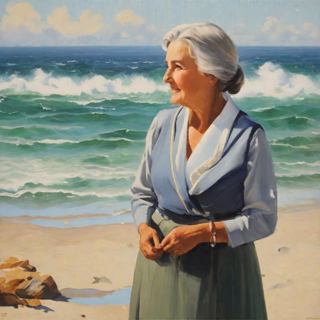  masterpiece, best quality, an eldery woman on the beach