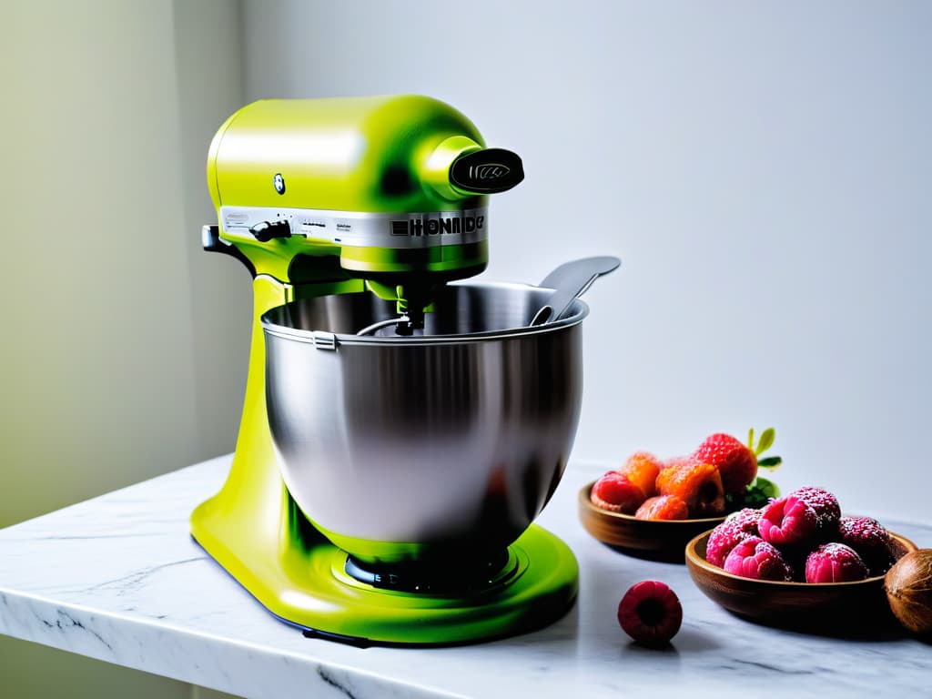  A sleek and modern professional stand mixer in a pristine white color, sitting on a marble countertop with a scattering of vibrant, fresh berries next to it. The mixer is turned off, its elegant design highlighted by the soft natural light filtering in from a nearby window, casting a gentle shadow on the surface below. hyperrealistic, full body, detailed clothing, highly detailed, cinematic lighting, stunningly beautiful, intricate, sharp focus, f/1. 8, 85mm, (centered image composition), (professionally color graded), ((bright soft diffused light)), volumetric fog, trending on instagram, trending on tumblr, HDR 4K, 8K