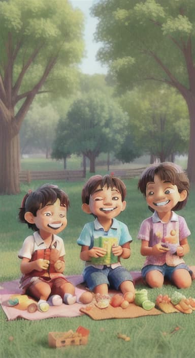  {Kids sitting around a picnic blanket, enjoying juice boxes and snacks., Children happily eating snacks, with crumbs on their faces and big smiles.