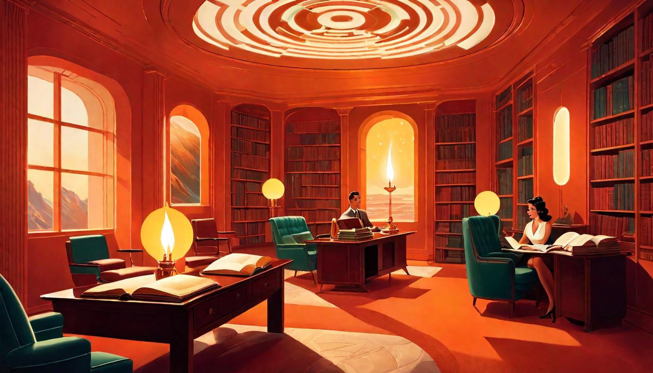  retro futuristic A candlelit room filled with open books and parchment, representing the sharing of stories to illuminate paths, atmosphere warm and contemplative, light gentle and inviting, space sacred and filled with potential. lvintage sci fi, 50s and 60s style, atomic age, vibrant, highly detailed