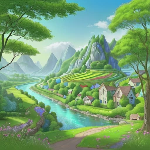  fantasy colourfully landscape of a green valley with river, trees and charming villages.