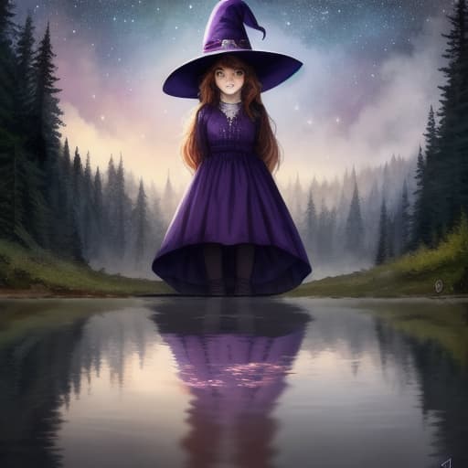  watercolor, storybook, child-book, witch, A girl in a purple hat looking at her reflection in a lake, the reflection shows her surrounded by stars, characters include: girl in purple hat, reflective lake, stars, best quality, very detailed, high resolution, sharp, sharp image hyperrealistic, full body, detailed clothing, highly detailed, cinematic lighting, stunningly beautiful, intricate, sharp focus, f/1. 8, 85mm, (centered image composition), (professionally color graded), ((bright soft diffused light)), volumetric fog, trending on instagram, trending on tumblr, HDR 4K, 8K