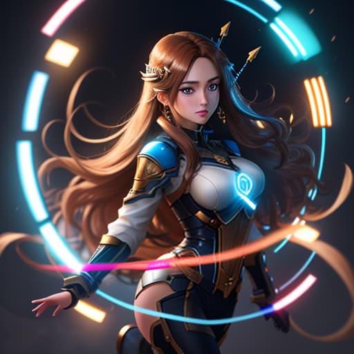  Make an anime girl streamer with long brown hair and blue eyes with arrows in her earrings playing on a computer. hyperrealistic, full body, detailed clothing, highly detailed, cinematic lighting, stunningly beautiful, intricate, sharp focus, f/1. 8, 85mm, (centered image composition), (professionally color graded), ((bright soft diffused light)), volumetric fog, trending on instagram, trending on tumblr, HDR 4K, 8K