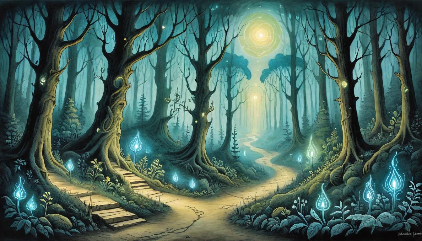  on parchment, surrealism+++, A path winding through a mystical forest, glowing with an inner light, symbolizing the journey to self discovery. Illuminated trail, forest alive with bioluminescence, enchanting journey, spiritual growth, inward quest.(mysterious, provocative, symbolic,muted color)+++