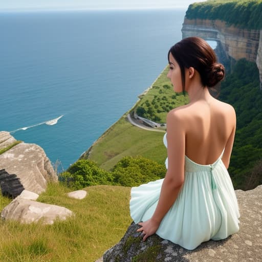  The back of a woman in a pretty dress in the distance sitting on a cliffside with beautiful view in front of her