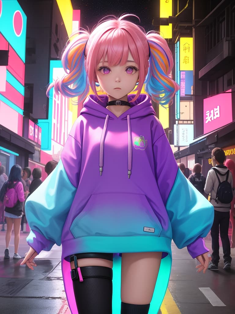  girl in neon street,Too much pigment,the girl is wearing a hoodie,A girl with purple and pink hair is alone, masterpiece, best quality,8k,ultra detailed,high resolution,an extremely delicate and beautiful,hyper detail