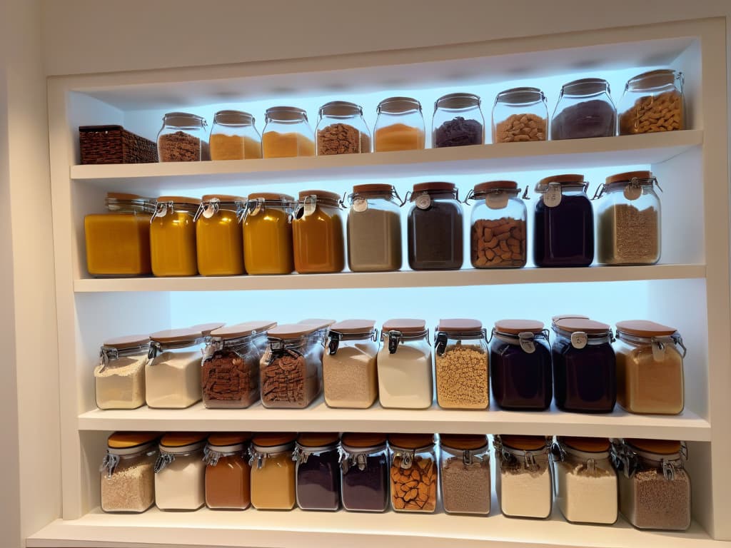  An ultradetailed image of a pristine, minimalistic kitchen shelf filled with neatly arranged glass jars of various bulk ingredients like flour, sugar, nuts, and dried fruits. Each jar is labeled with elegant handwritten tags indicating the contents, emphasizing a sustainable and ecofriendly approach to baking. The soft natural light streaming in through a nearby window highlights the textures and colors of the ingredients, creating a visually appealing and inspiring scene for the audience. hyperrealistic, full body, detailed clothing, highly detailed, cinematic lighting, stunningly beautiful, intricate, sharp focus, f/1. 8, 85mm, (centered image composition), (professionally color graded), ((bright soft diffused light)), volumetric fog, trending on instagram, trending on tumblr, HDR 4K, 8K