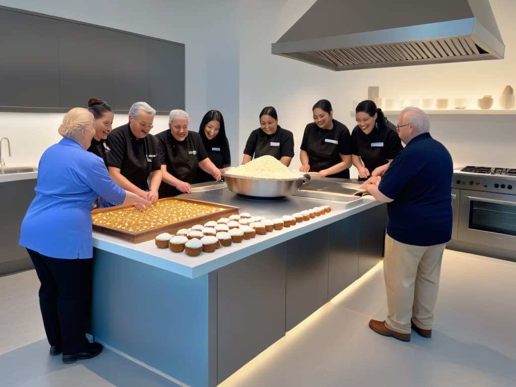  An ultradetailed image of a diverse group of people, including individuals with disabilities, of different ages and backgrounds, gathered around a large kitchen island in a bright, spacious kitchen. They are smiling and engaged in a handson baking activity, each person contributing in their unique way to create a delicious treat. The kitchen is equipped with adaptive tools and features to accommodate various needs, showcasing inclusivity and accessibility in the culinary workshop setting. The image captures the essence of collaboration, learning, and joy in a welcoming and inclusive environment. hyperrealistic, full body, detailed clothing, highly detailed, cinematic lighting, stunningly beautiful, intricate, sharp focus, f/1. 8, 85mm, (centered image composition), (professionally color graded), ((bright soft diffused light)), volumetric fog, trending on instagram, trending on tumblr, HDR 4K, 8K