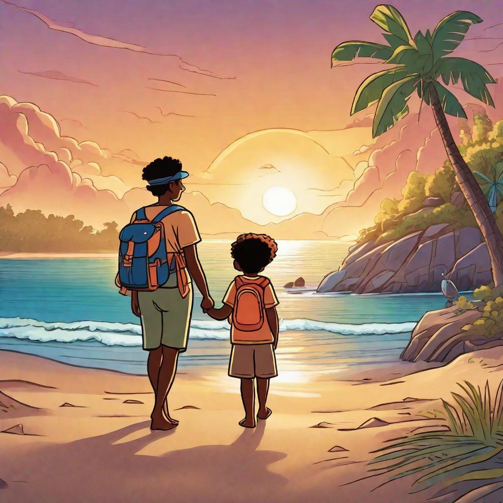  "A young boy and his mother standing hand-in-hand on a glowing beach on a serene and whimsical island. The mother is in a casual but vint outfit and the boy is in his favorite explorer's outfit, complete with a magnifying gl in his free hand and a bandana around his neck. Both of them with wide, joy-filled eyes and expressions of anticipation as they look at each other, preparing to make a wish. In the middle of them is a gleaming, magical stone, filled with swirling colors that light up the surroundings with a gentle glow. However, somewhere a step away from the stone, there's a visible but unobtrusive obstacle blocking their path. The whole scene ed in warm late afternoon light, casts shadows around and brings out hyperrealistic, full body, detailed clothing, highly detailed, cinematic lighting, stunningly beautiful, intricate, sharp focus, f/1. 8, 85mm, (centered image composition), (professionally color graded), ((bright soft diffused light)), volumetric fog, trending on instagram, trending on tumblr, HDR 4K, 8K