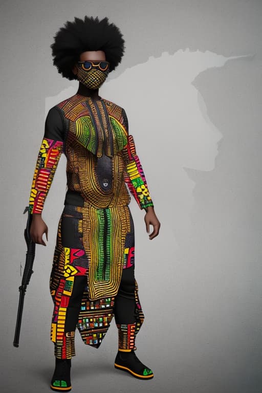  Design a a futuristic Afrocentric augmented reality wearable that an African Freedom Fighter would wear. With dashiki designs. The design focused on a selfie view and also portray a freedom fighter who is battling for the prosperity of the African continent. This should showcase the character with a battle gear and a futuristic weapon