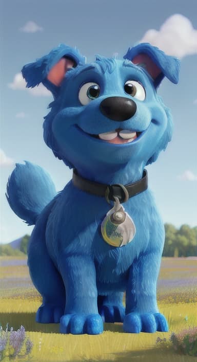  {A happy, big blue dog wagging its tail in a colorful meadow, The big blue dog is large with sky blue fur, big round eyes, a black nose, and floppy ears.