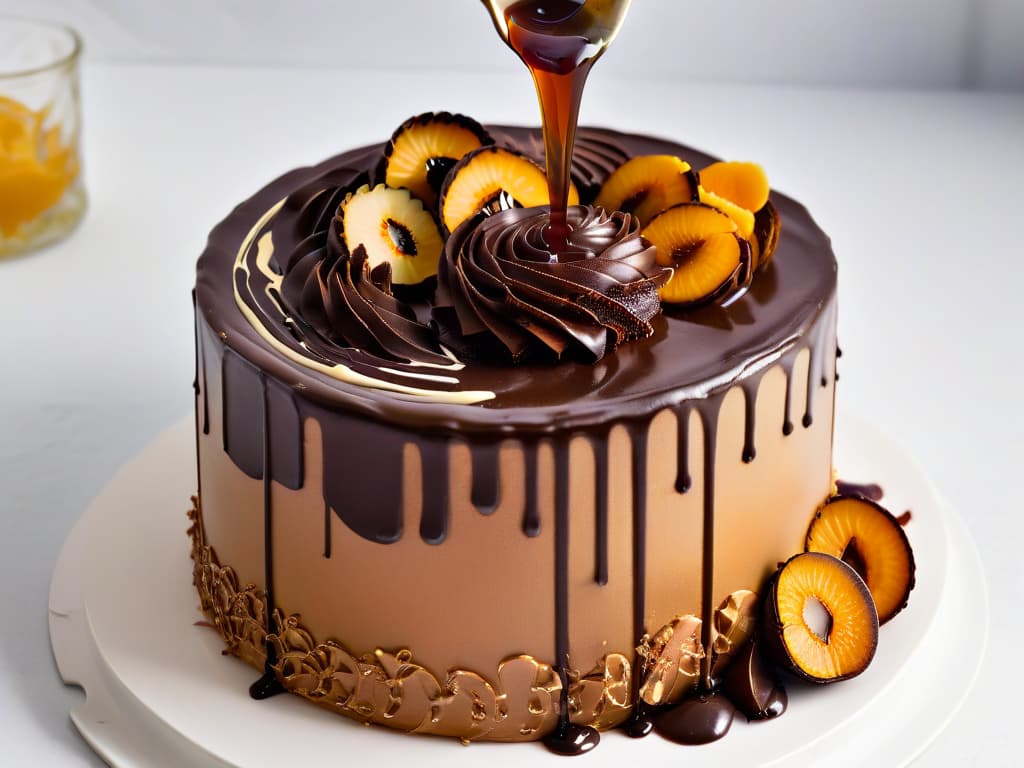  A closeup, ultradetailed image of a perfectly swirled, glossy caramel sauce being drizzled onto a decadent chocolate cake, showcasing the rich, luxurious texture and the precise, professional touch in dessertmaking. The contrast between the dark chocolate cake and the golden caramel, captured in stunning clarity and detail, conveys a sense of sophistication and elevates the visual appeal of the post. hyperrealistic, full body, detailed clothing, highly detailed, cinematic lighting, stunningly beautiful, intricate, sharp focus, f/1. 8, 85mm, (centered image composition), (professionally color graded), ((bright soft diffused light)), volumetric fog, trending on instagram, trending on tumblr, HDR 4K, 8K