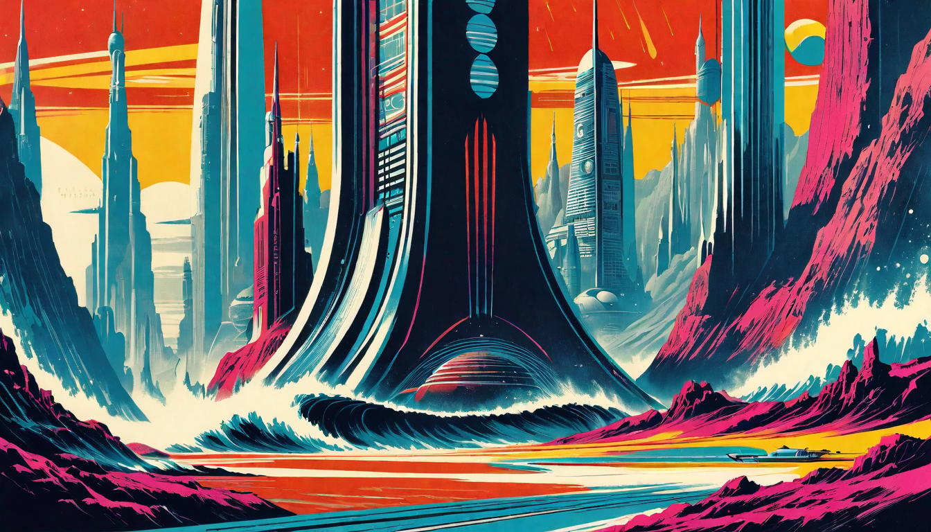  retro futuristic A sound wave emanating from a central point and reaching outwards, words and actions resonate, visual echo of influence, expanding circles of sound, potent, far reaching lvintage sci fi, 50s and 60s style, atomic age, vibrant, highly detailed