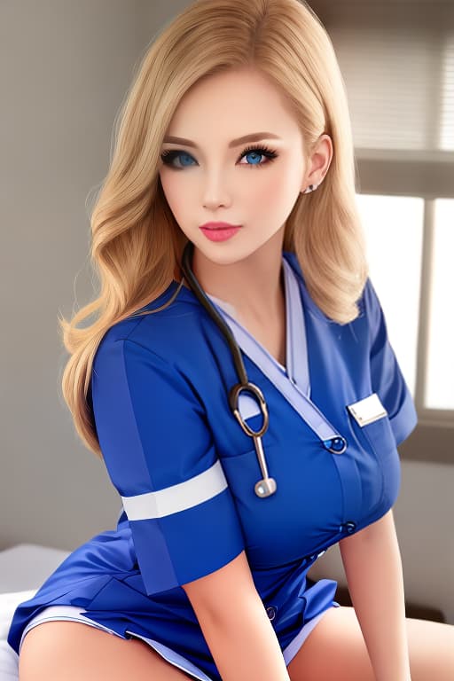  Blonde, blue eyes, big tits, blush, long hair, nurse's uniform, blowjob, erotic woman