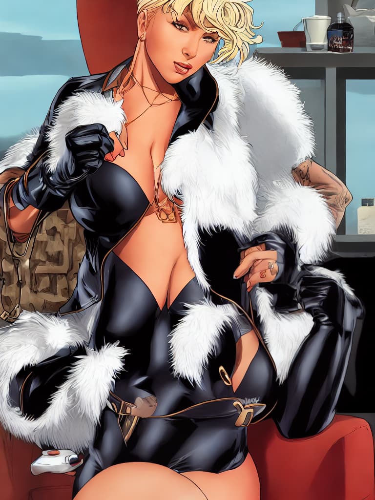  Felicia Hardy, young face, long white hair, white fur collar, gloves, no bra, black jumpsuit, unzipped, big breasts, and Mary Jane Watson, drinking coffee at Starbucks , comic, sharp focus