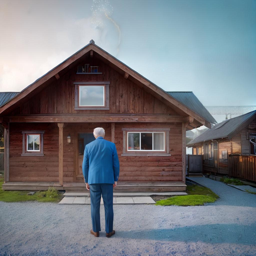  Grandpa stands in front of a blue wooden house and looks up at the roof with rockets sticking out of it ,highly detailed, cinematic lighting, stunningly beautiful, intricate, sharp focus, f1. 8, 85mm, (centered image composition), (professionally color graded), ((bright soft diffused light)), volumetric fog, trending on instagram, trending on tumblr, HDR 4K, 8K
