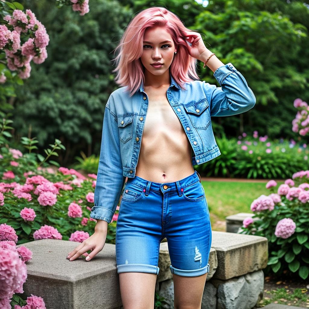  Pink haired instagram model wearing blue jeans